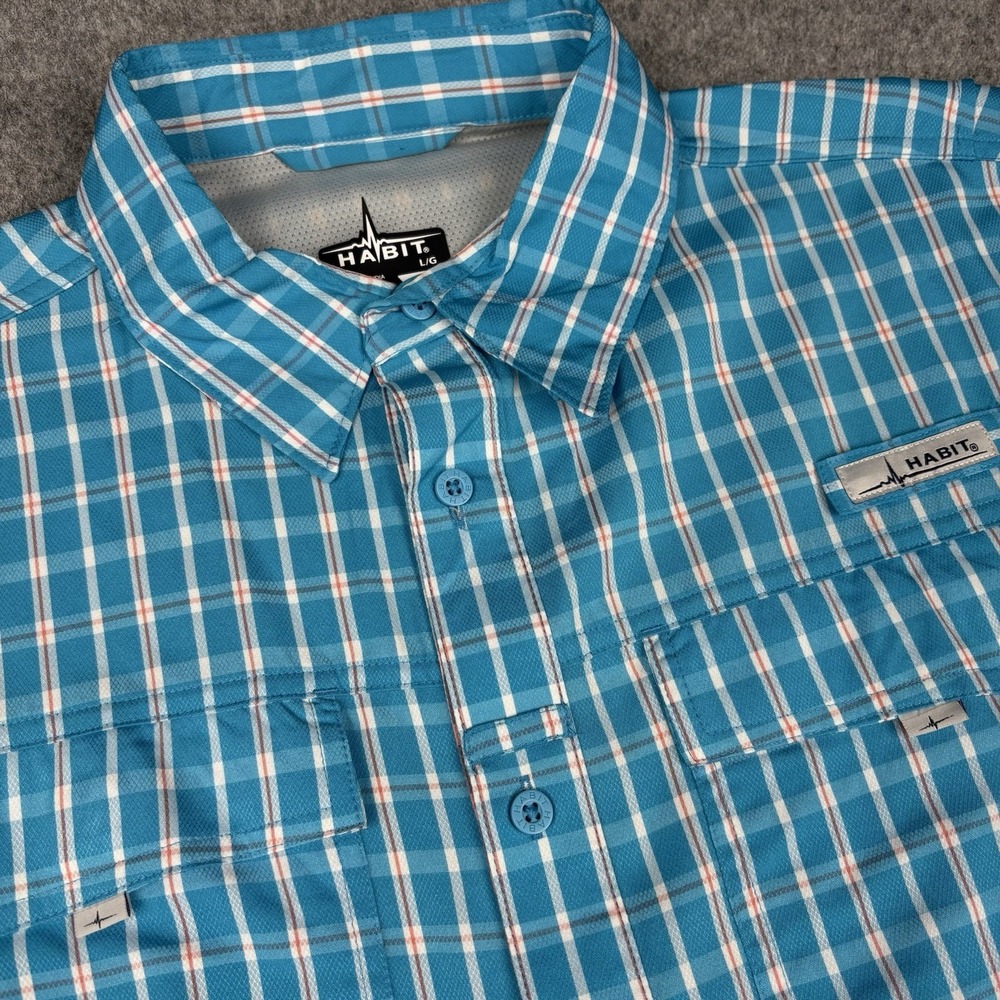 Habit Fishing Shirt Mens Large Blue Plaid Vented Button Down UPF 40 Short Sleeve